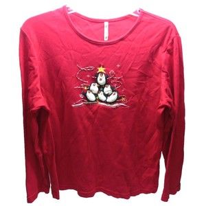White Stag Women Holiday Top Red Long Sleeve Beaded Applique Felt Penguins